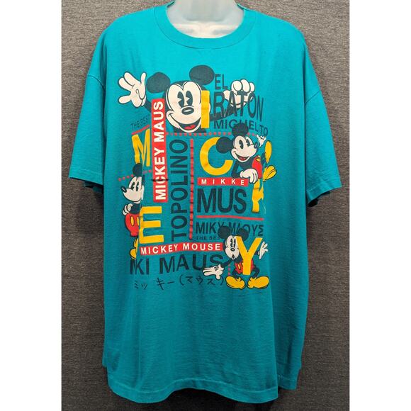 VINTAGE Mickey & Co. T-Shirt - Teal, Mickey Mouse, Multi-Language, Single Stitch - Picture 1 of 8